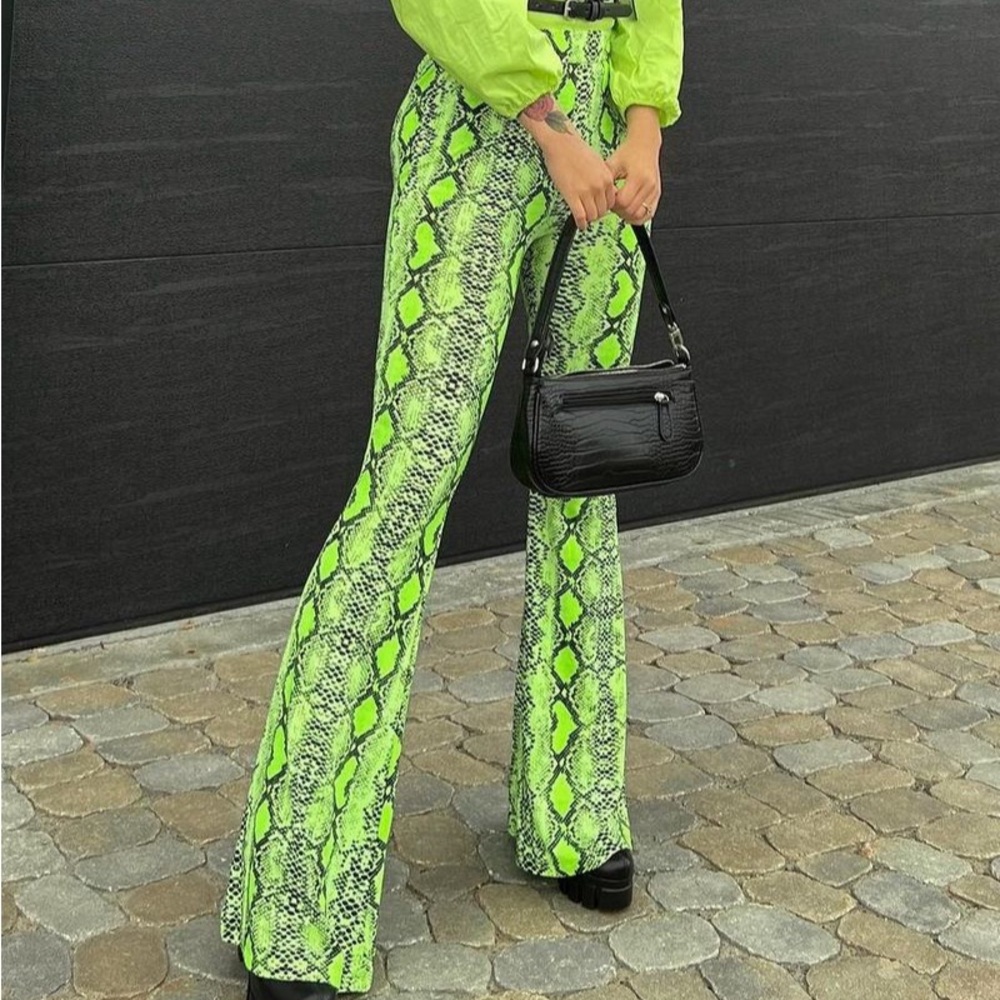 Neon green snake skin stretch flares